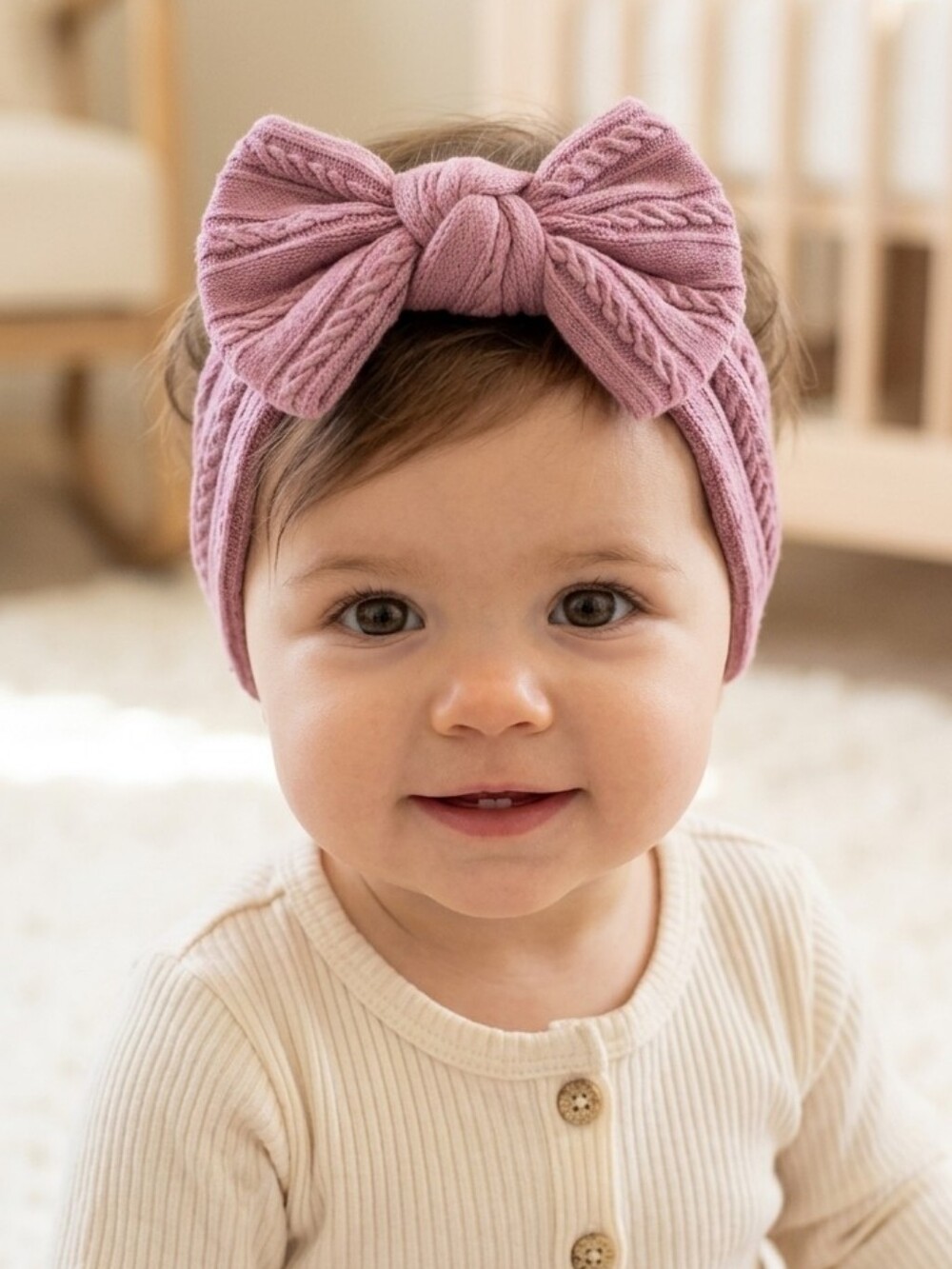 Mauve Cable Knit Baby Headband Oversized Bow Soft Stretchy Nylon Girls Hairband